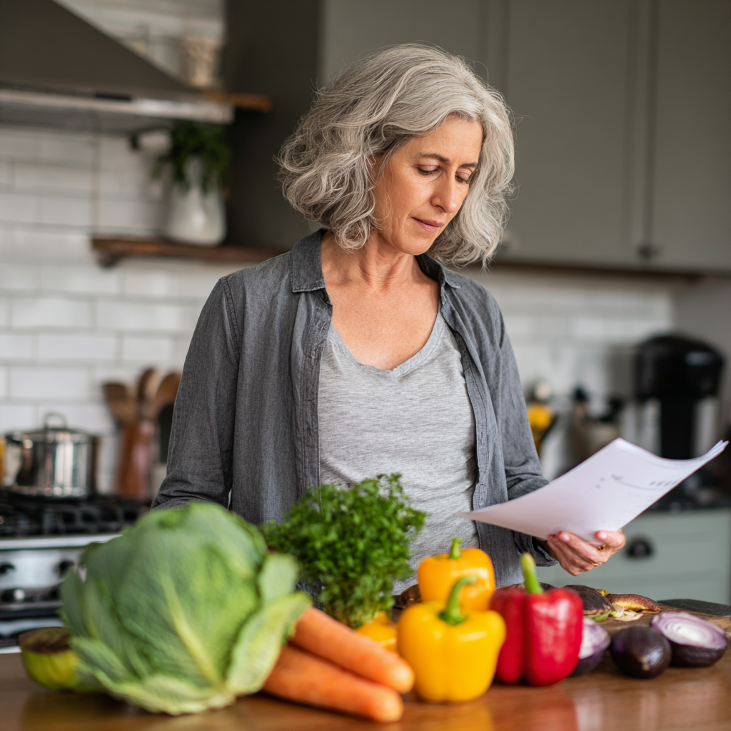 Middle-aged woman reviewing weekly meal plan with fresh vegetables on kitchen counter