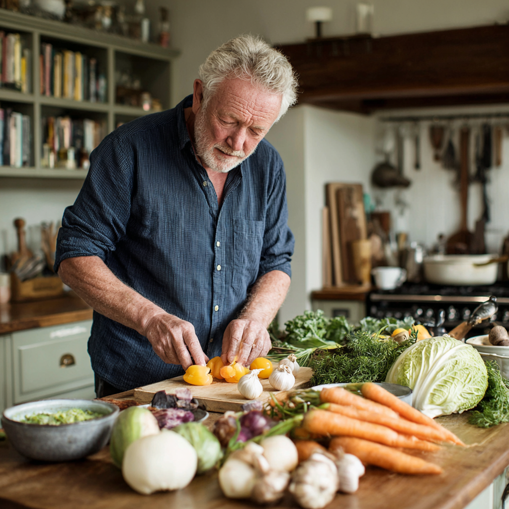 Older adult man preparing healthy meal with seasonal vegetables in home kitchen